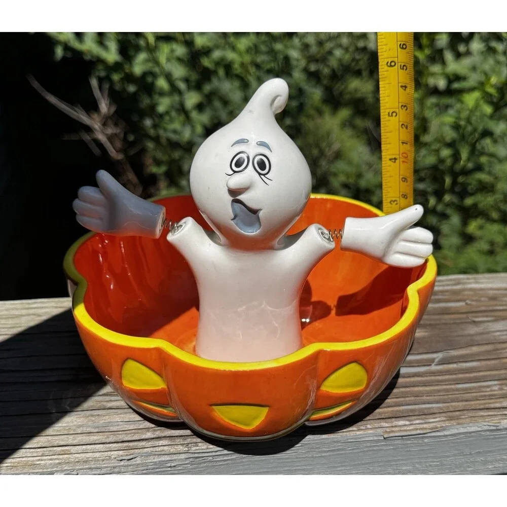 VTG Department 56 Halloween Ghost in Pumpkin Candy Dish Bowl Jiggle Spring Arms